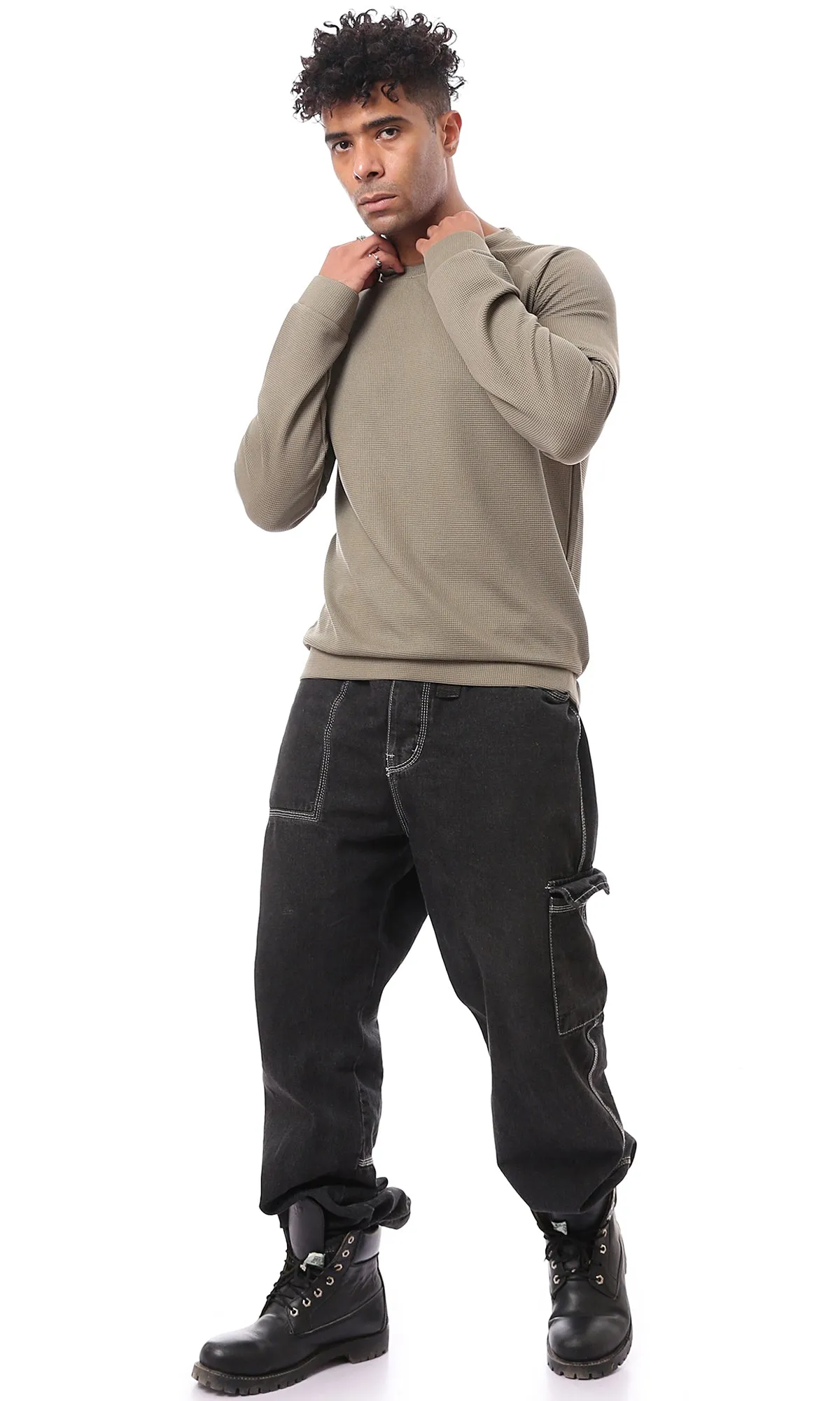 O173872 Long Sleeves Dark Olive Patterned Sweatshirt