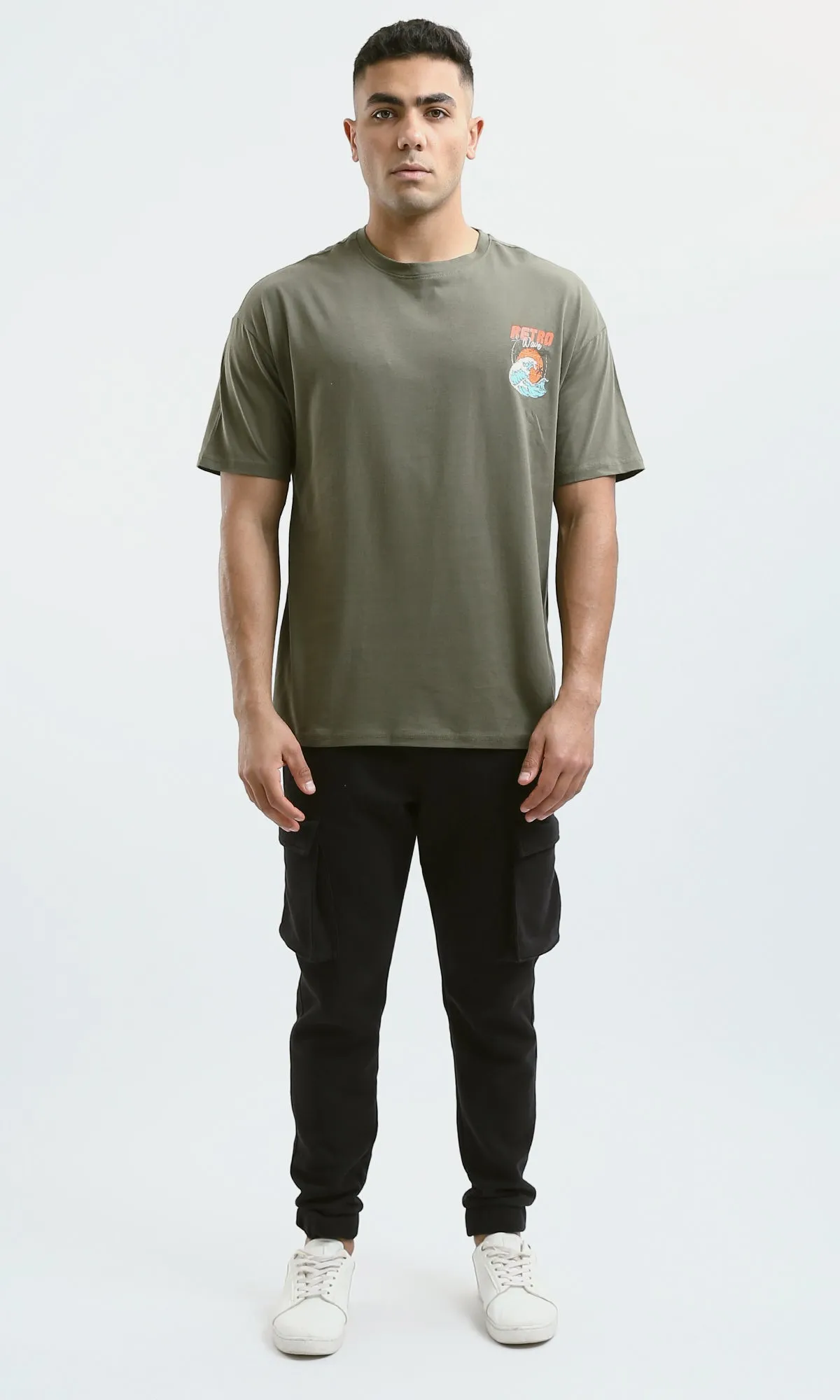 O182911 "Retro Wave" Short Sleeves Olive Casual Tee