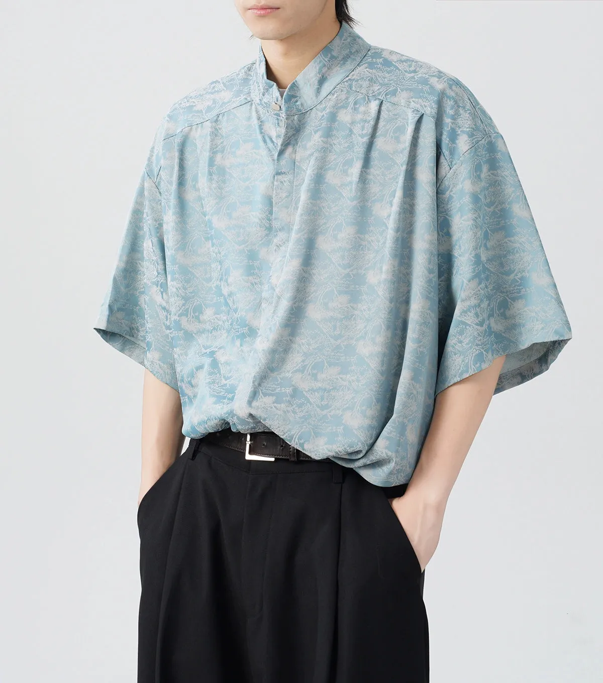 Oversized Tree Print Satin Button-Up Shirt