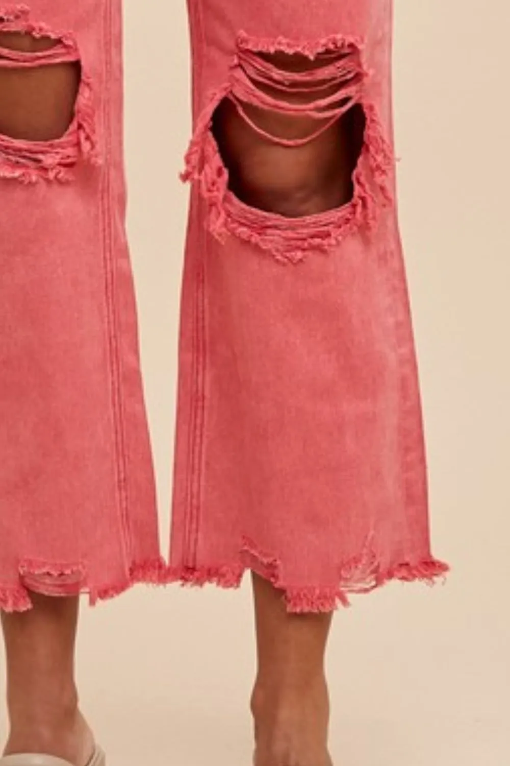 Pink Distressed Raw Hem Wide-Leg Jeans