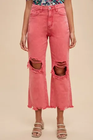 Pink Distressed Raw Hem Wide-Leg Jeans