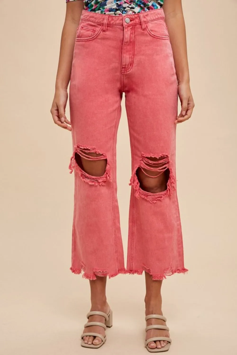 Pink Distressed Raw Hem Wide-Leg Jeans
