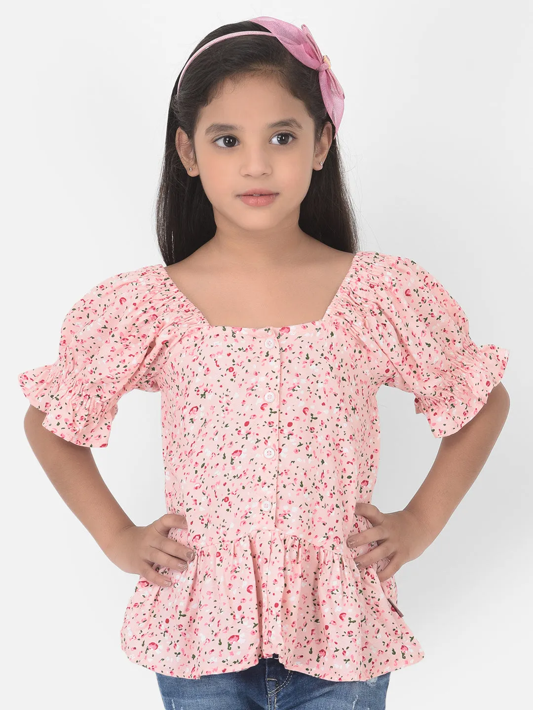 Pink Floral Printed Cinched Waist Top