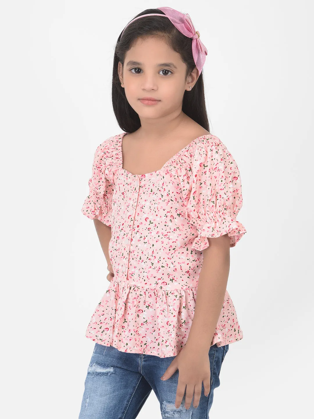 Pink Floral Printed Cinched Waist Top