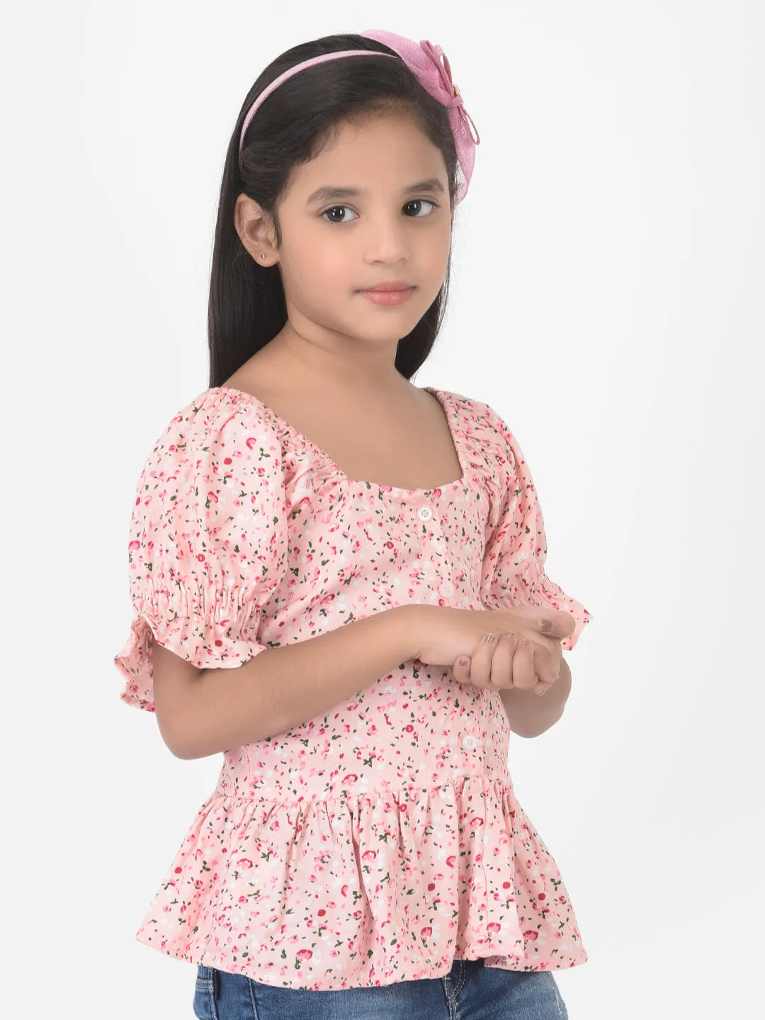 Pink Floral Printed Cinched Waist Top