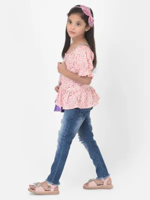 Pink Floral Printed Cinched Waist Top