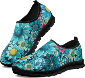 Platform Workout Tennis Loafers for Woman Mother Blue Flowers Comfort Casual Parks Shoes Breathable Soft EVA Non Slip Sneakers Size 7 Black Sole