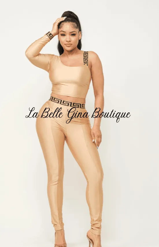 Sandy One Sleeve Band Trim Top And Leggins Set-Mocha
