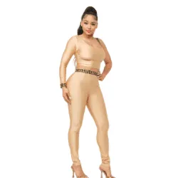 Sandy One Sleeve Band Trim Top And Leggins Set-Mocha