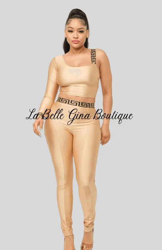 Sandy One Sleeve Band Trim Top And Leggins Set-Mocha
