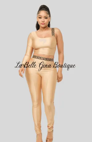 Sandy One Sleeve Band Trim Top And Leggins Set-Mocha