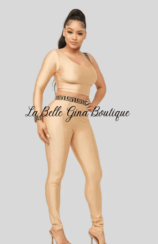 Sandy One Sleeve Band Trim Top And Leggins Set-Mocha