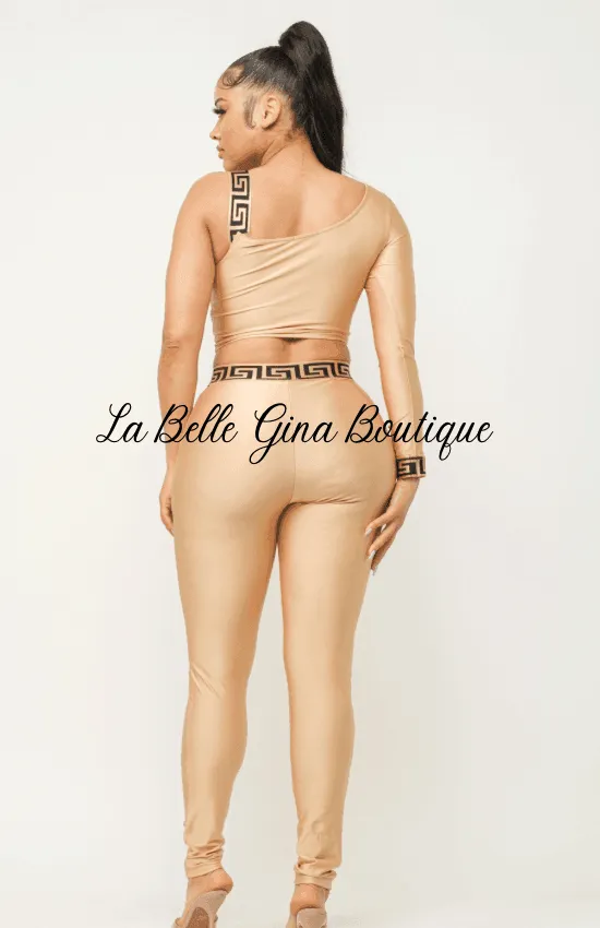Sandy One Sleeve Band Trim Top And Leggins Set-Mocha