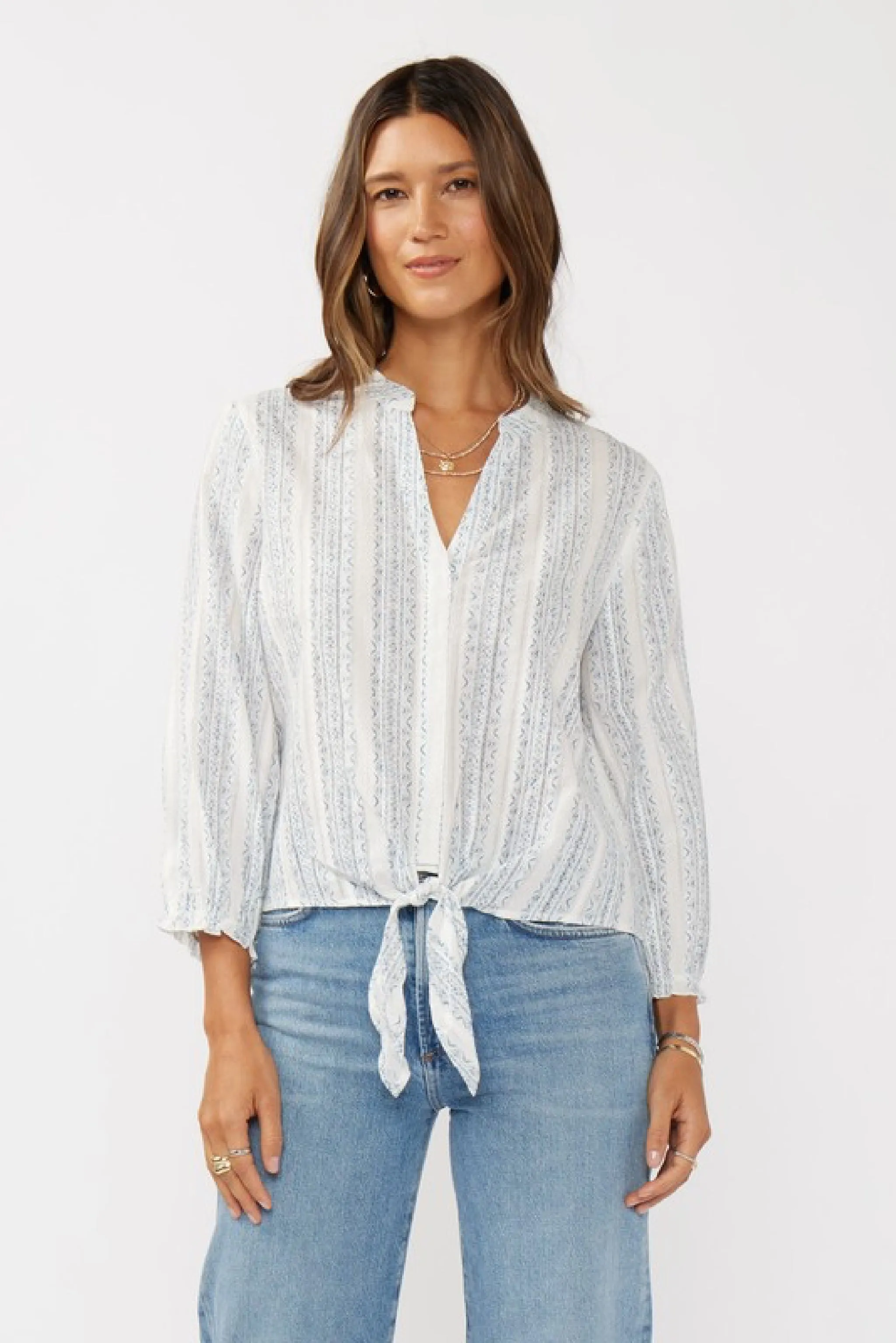 Serenity Long Sleeve Abstract Print Tie Front Top Blue
