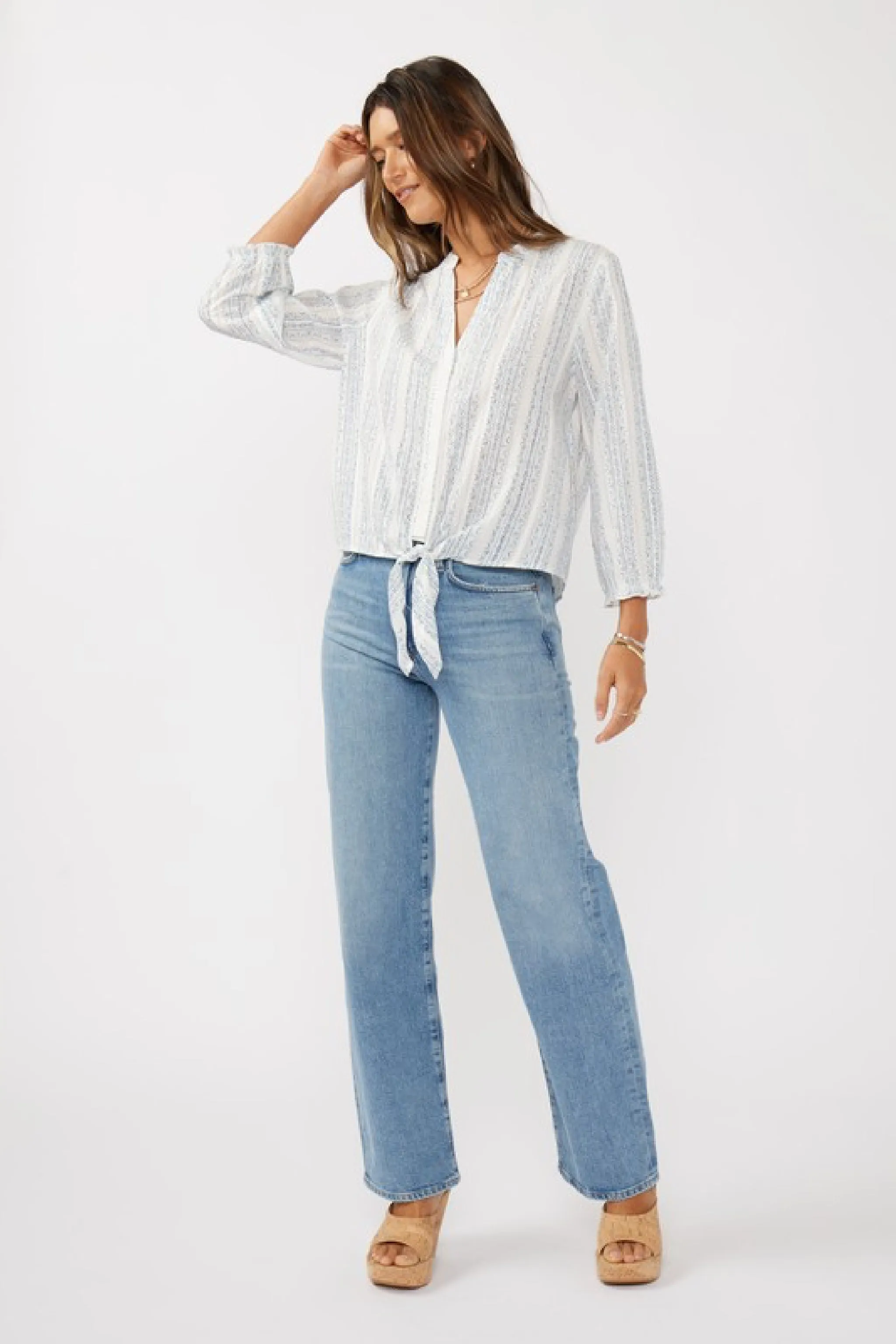 Serenity Long Sleeve Abstract Print Tie Front Top Blue
