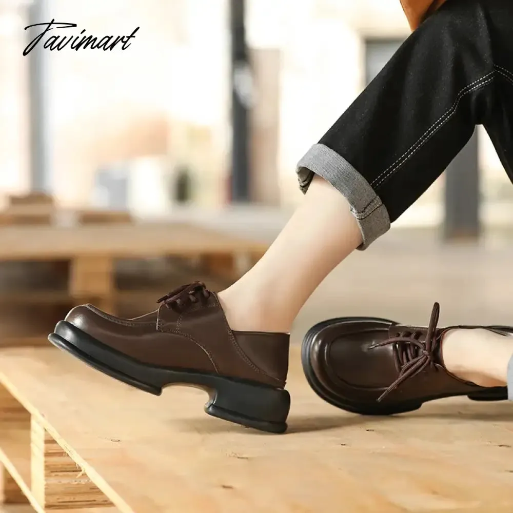 Tavimart spring women's casual leather shoes Ladies Black Loafers british style platform high heels Fashion Lace Design career and walk