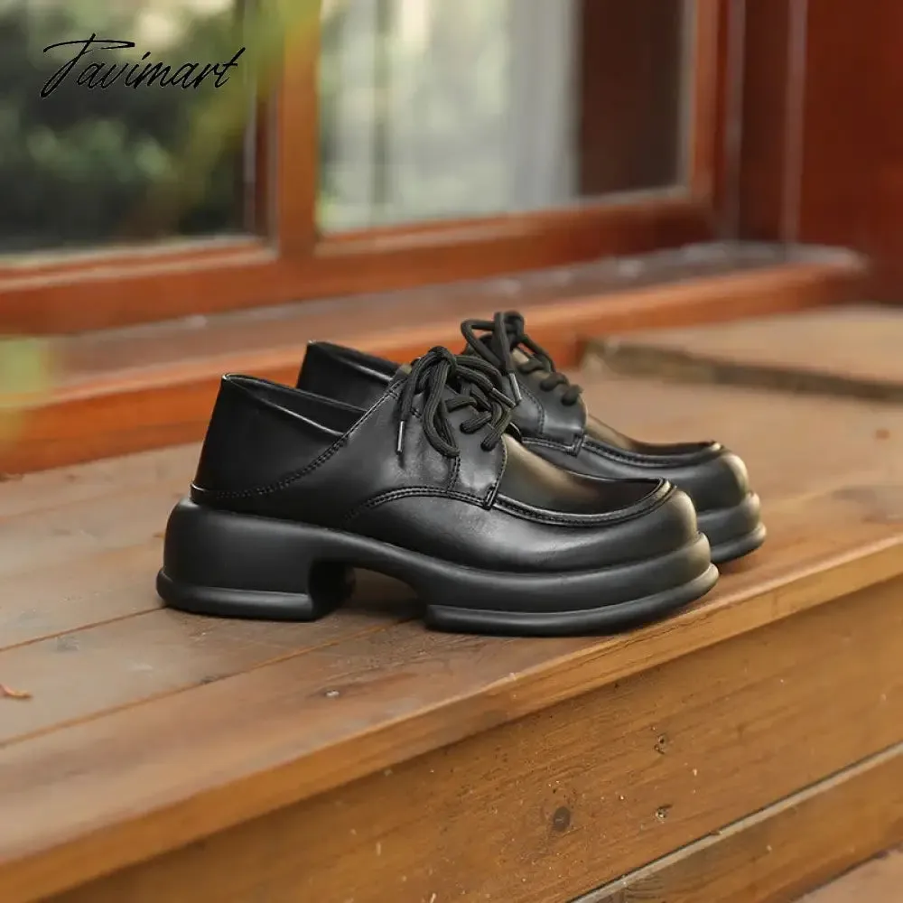 Tavimart spring women's casual leather shoes Ladies Black Loafers british style platform high heels Fashion Lace Design career and walk