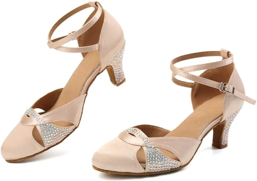 Women Ballroom Dance Shoes Satin Close Toe Rhinestone Salsa Tango Modern Latin Performance Dancing Shoes,Model YCL157-6cm Heel
