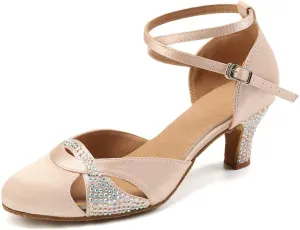 Women Ballroom Dance Shoes Satin Close Toe Rhinestone Salsa Tango Modern Latin Performance Dancing Shoes,Model YCL157-6cm Heel