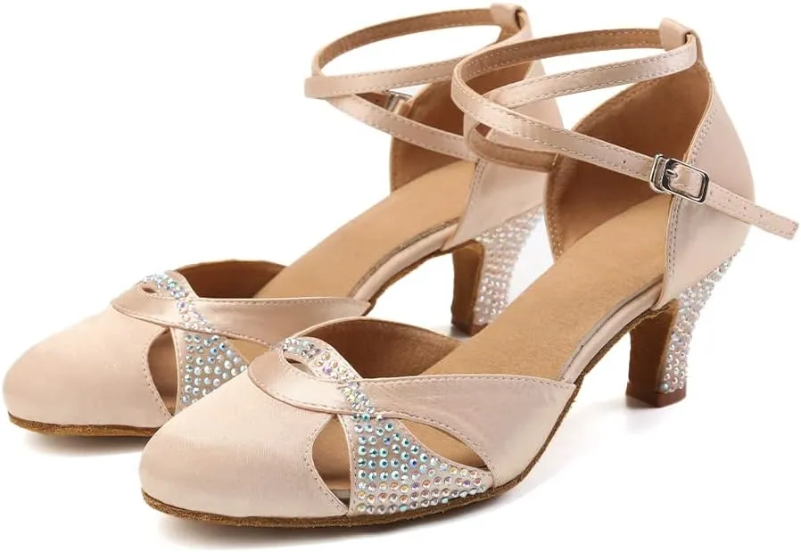 Women Ballroom Dance Shoes Satin Close Toe Rhinestone Salsa Tango Modern Latin Performance Dancing Shoes,Model YCL157-6cm Heel