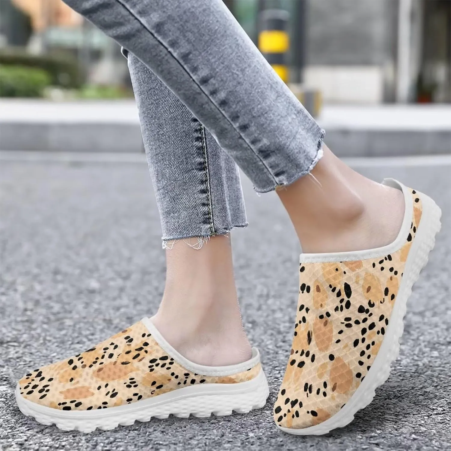 Women Half Slippers Breathable Lightweight Mesh Loafers Elastic Shock Absorption Flats Shoe Size 6-13.5 White Sole