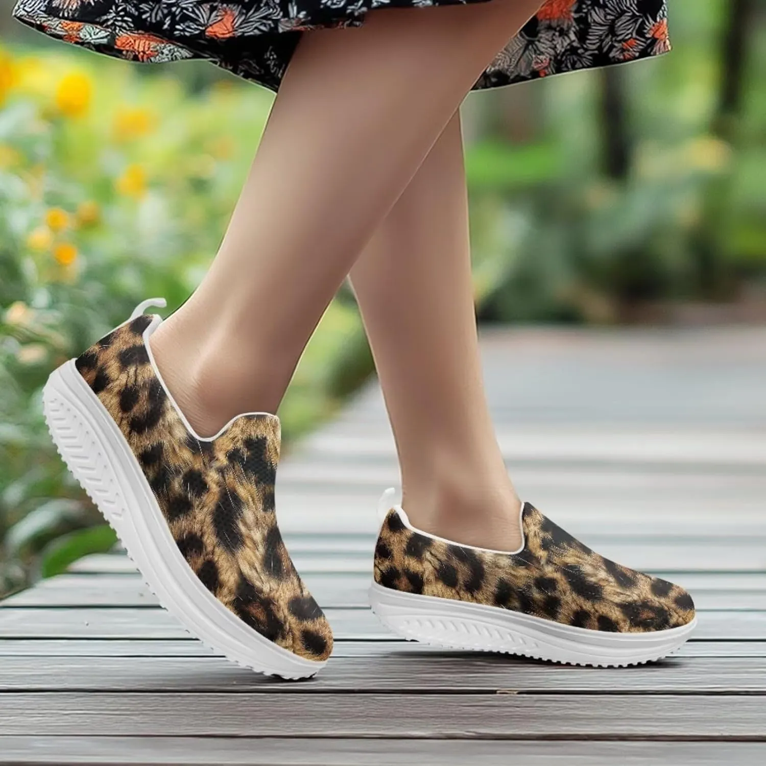 Womens Leopard Print Platform Loafers Lightweight Mesh Shoes Walking Jogging Sneakers Anti Skid