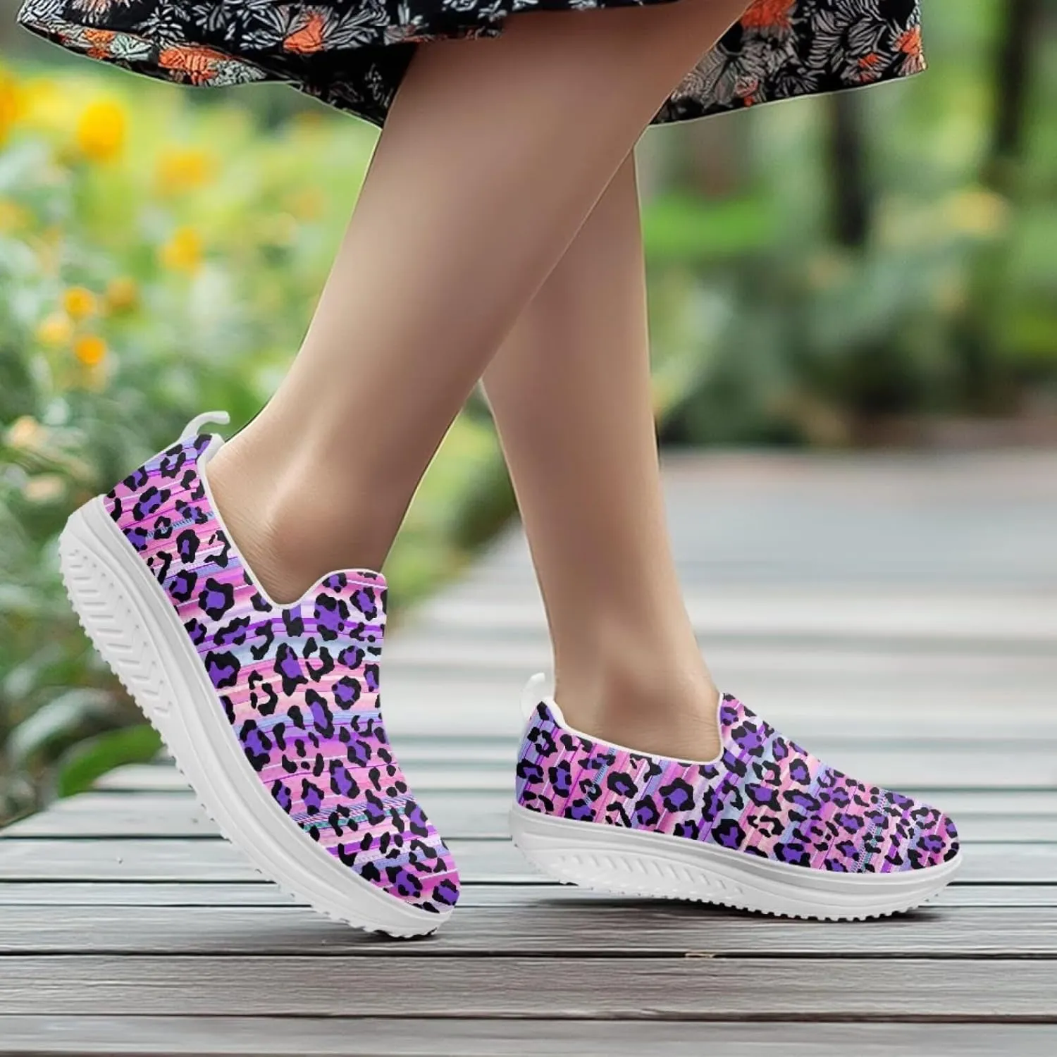 Womens Leopard Print Platform Loafers Lightweight Mesh Shoes Walking Jogging Sneakers Anti Skid