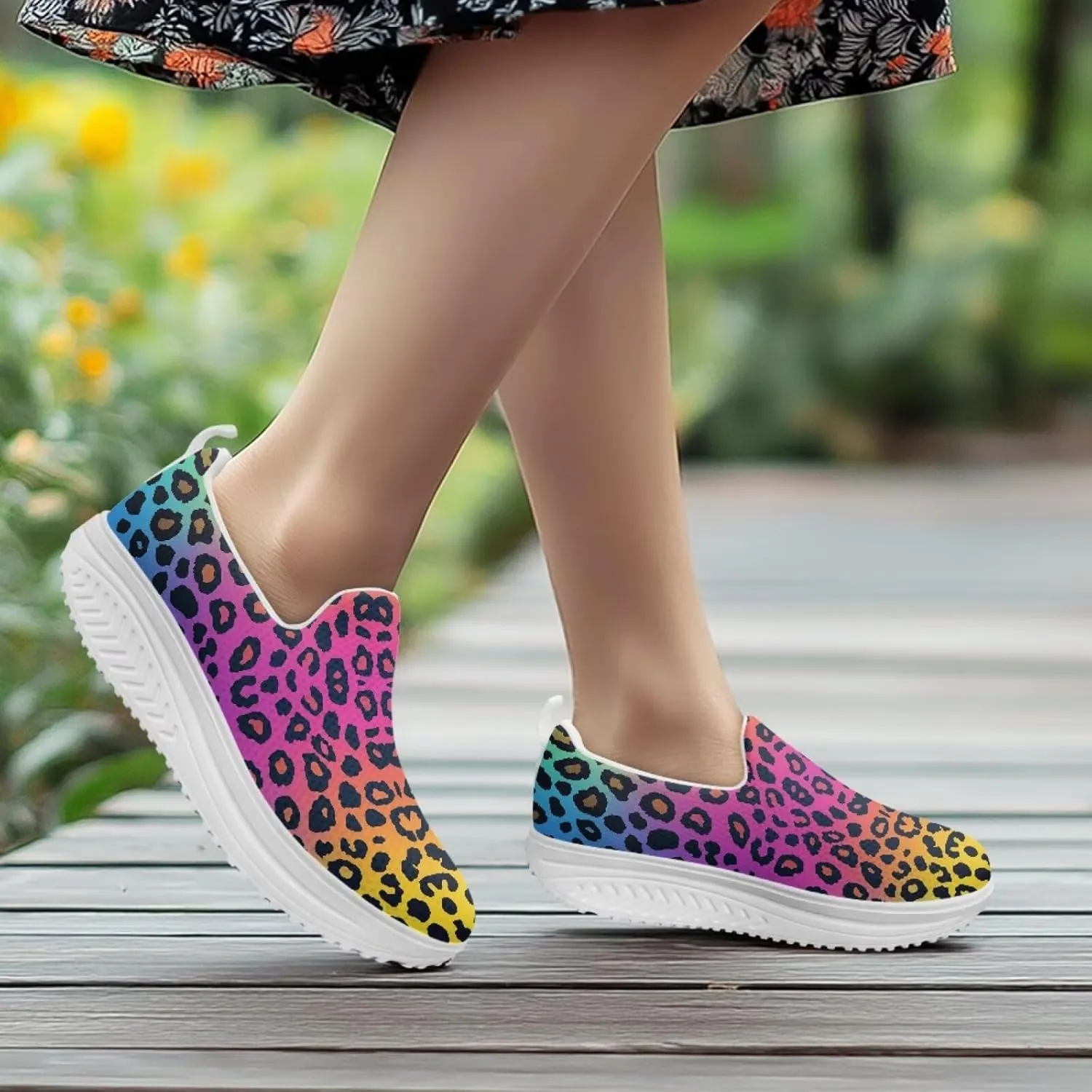 Womens Leopard Print Platform Loafers Lightweight Mesh Shoes Walking Jogging Sneakers Anti Skid