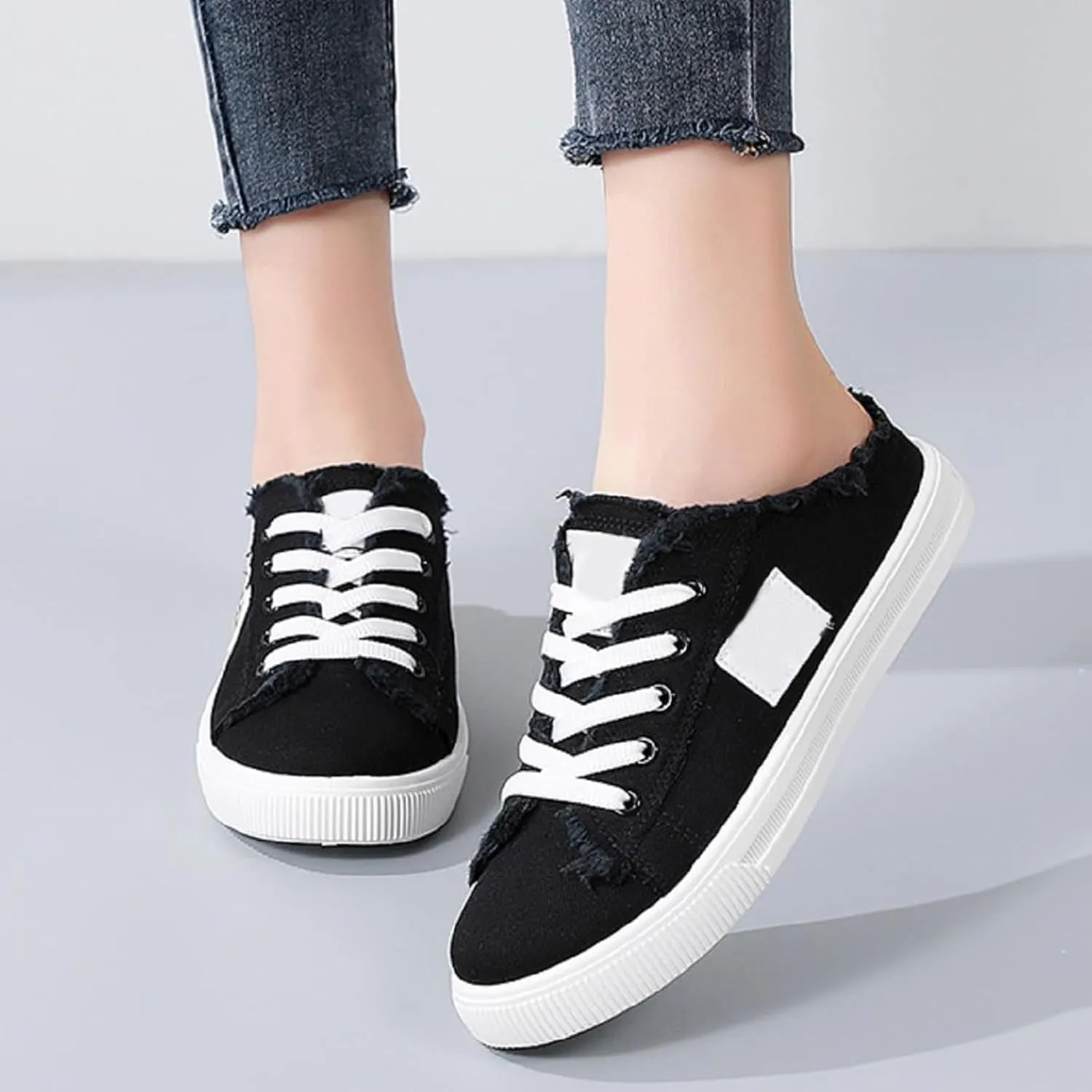Womens Slip On Sneakers Fashion Comfortable Memory Foam Canvas Mules Shoes Casual Backless Loafers Slippers for Women