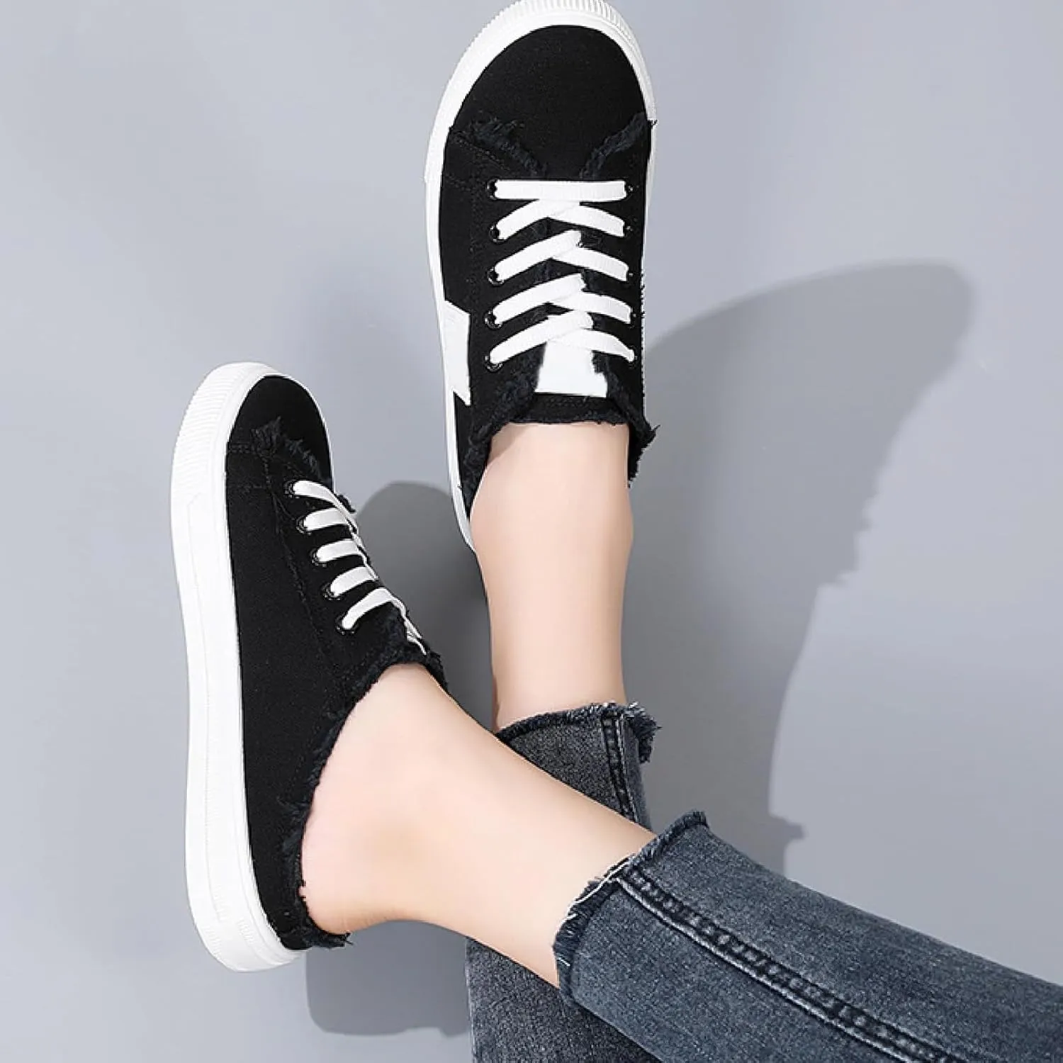 Womens Slip On Sneakers Fashion Comfortable Memory Foam Canvas Mules Shoes Casual Backless Loafers Slippers for Women