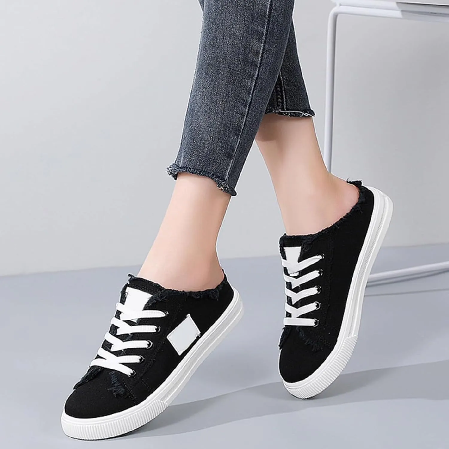 Womens Slip On Sneakers Fashion Comfortable Memory Foam Canvas Mules Shoes Casual Backless Loafers Slippers for Women