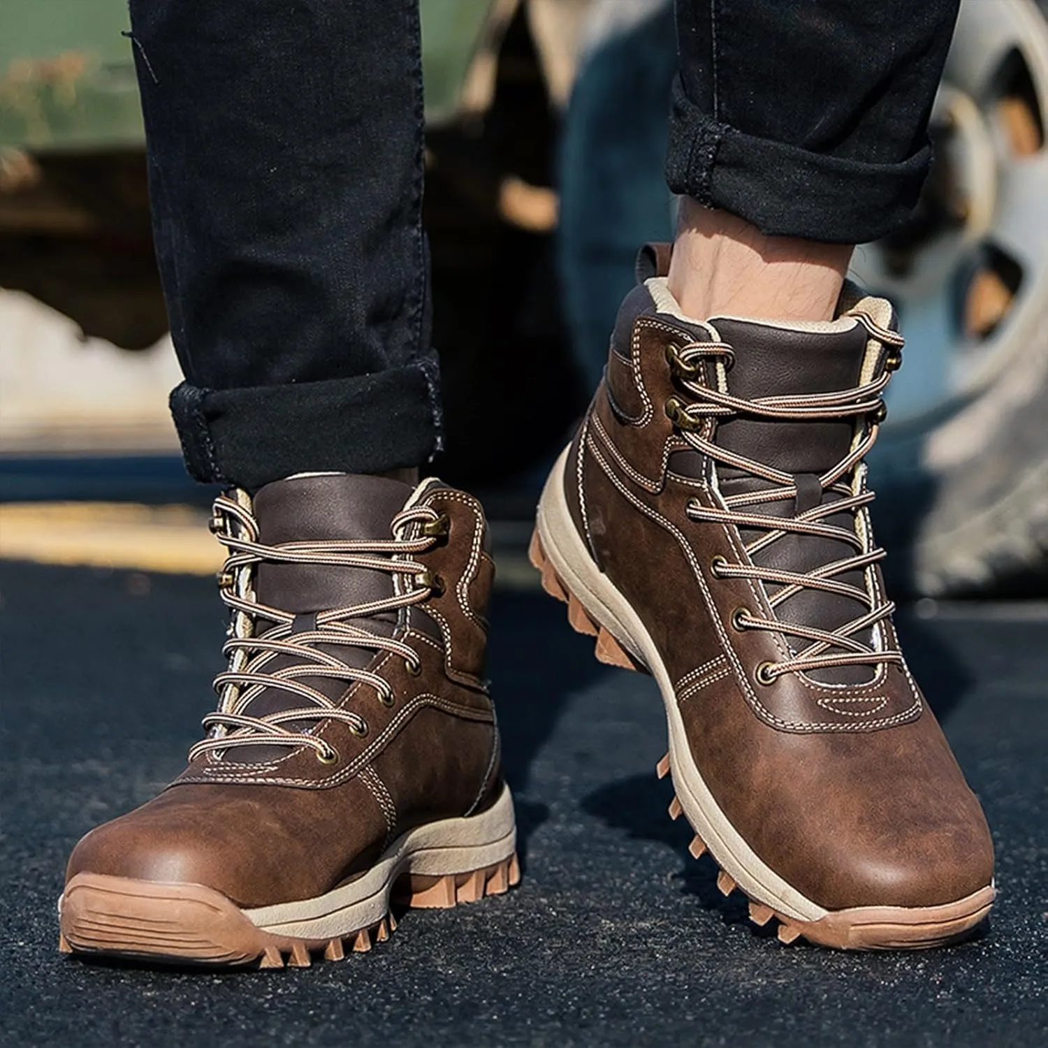 Work Boots for Men Slip On Hiking Sneakers Fur Lined Ankle Boot Womens Safety Shoes Slip On Waterproof Outdoor Shoes Lightweight Anti Slip Hike Grounded Footwear